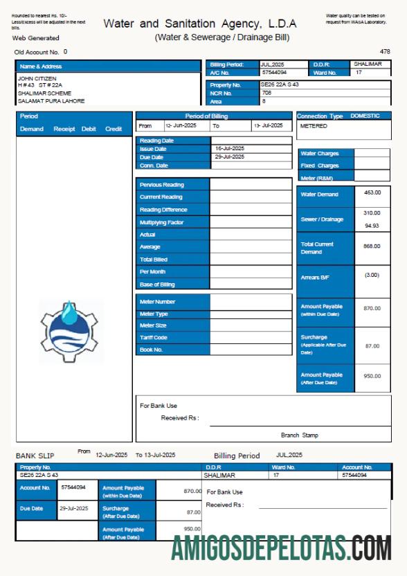 realista Modelo de conta de serviços públicos WASA do Paquistão em formatos Word e PDF, versão 2